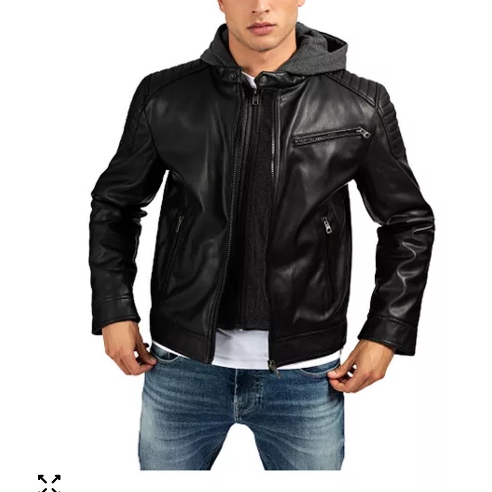 Guess Black Leather Bomber Jacket